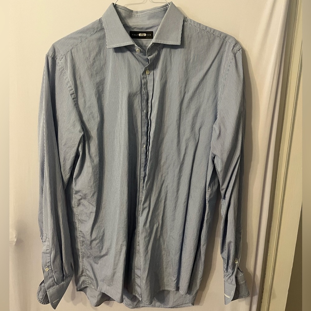Ralph Lauren Black Label Made in Italy Dress Shirt Size 16.5L Blue Bengal Stripe